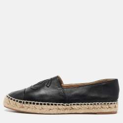 Pre Owned Chanel Black Leather CC Cap Toe Espadrille Flats Size 39