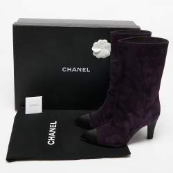 Chanel Purple/Black Suede and Satin CC Mid Calf Boots Size 39.5
