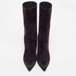 Chanel Purple/Black Suede and Satin CC Mid Calf Boots Size 39.5