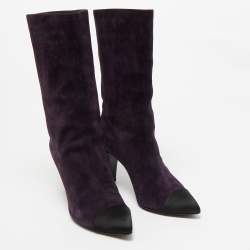 Chanel Purple/Black Suede and Satin CC Mid Calf Boots Size 39.5