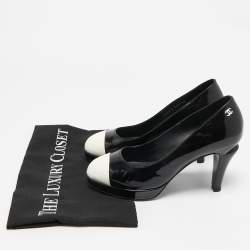 Chanel Black/White Patent Leather CC Cap Toe Platform Pumps Size 37