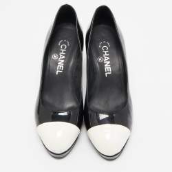 Chanel Black/White Patent Leather CC Cap Toe Platform Pumps Size 37
