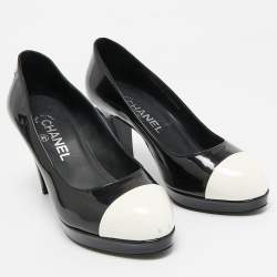 Chanel Black/White Patent Leather CC Cap Toe Platform Pumps Size 37