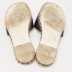 Chanel Navy Blue Patent Leather Chain Embellished Flat Slides Size 39.5