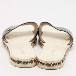 Chanel Navy Blue Patent Leather Chain Embellished Flat Slides Size 39.5