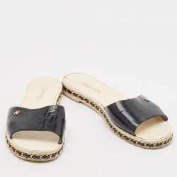 Chanel Navy Blue Patent Leather Chain Embellished Flat Slides Size 39.5