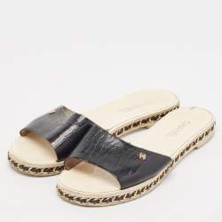 Chanel Navy Blue Patent Leather Chain Embellished Flat Slides Size 39.5