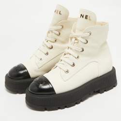 Chanel Black/Cream Leather CC Cap Toe Logo Combat Boots Size 38.5