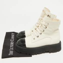 Chanel Black/Cream Leather CC Cap Toe Logo Combat Boots Size 38.5