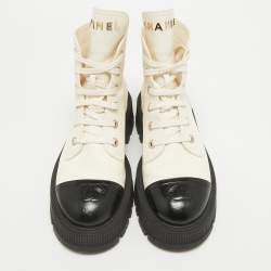 Chanel Black/Cream Leather CC Cap Toe Logo Combat Boots Size 38.5