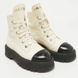 Chanel Black/Cream Leather CC Cap Toe Logo Combat Boots Size 38.5