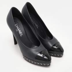 Chanel Navy Blue/Black Leather CC Cap Toe Chain Platform Pumps Size 38.5