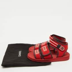 Chanel Red/Black Fabric and Leather Coco Chanel Strap Sandals Size 38