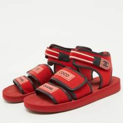 Chanel Red/Black Fabric and Leather Coco Chanel Strap Sandals Size 38