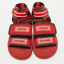 Chanel Red/Black Fabric and Leather Coco Chanel Strap Sandals Size 38