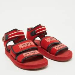 Chanel Red/Black Fabric and Leather Coco Chanel Strap Sandals Size 38