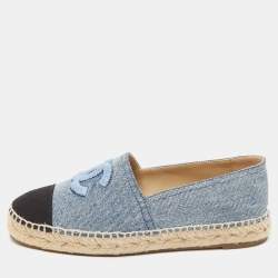 Pre Owned Chanel Blue/Black Denim CC Espadrille Flats Size 38
