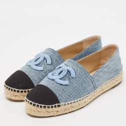 Pre Owned Chanel Blue/Black Denim CC Espadrille Flats Size 38
