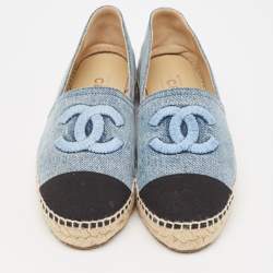 Pre Owned Chanel Blue/Black Denim CC Espadrille Flats Size 38