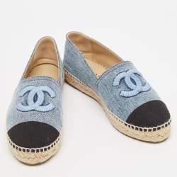 Pre Owned Chanel Blue/Black Denim CC Espadrille Flats Size 38