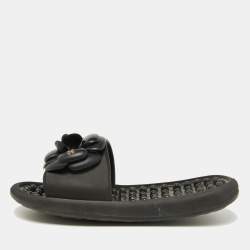 Chanel Black Textured Rubber CC Camellia Flat Slides Size 36