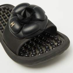 Chanel Black Textured Rubber CC Camellia Flat Slides Size 36