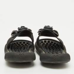 Chanel Black Textured Rubber CC Camellia Flat Slides Size 36