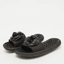 Chanel Black Textured Rubber CC Camellia Flat Slides Size 36