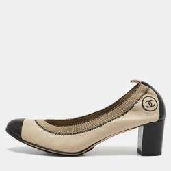 Pre Owned Chanel Beige/Black Leather Scrunch Block Heel Pumps Size 41