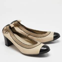 Pre Owned Chanel Beige/Black Leather Scrunch Block Heel Pumps Size 41