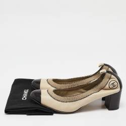 Pre Owned Chanel Beige/Black Leather Scrunch Block Heel Pumps Size 41