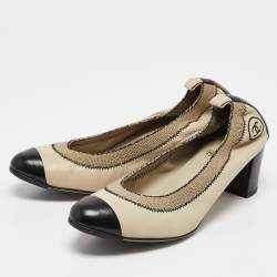 Pre Owned Chanel Beige/Black Leather Scrunch Block Heel Pumps Size 41