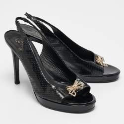 Chanel Black Perforated Patent Leather Open Toe Slingback Sandals Size 39.5