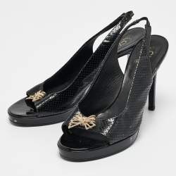 Chanel Black Perforated Patent Leather Open Toe Slingback Sandals Size 39.5