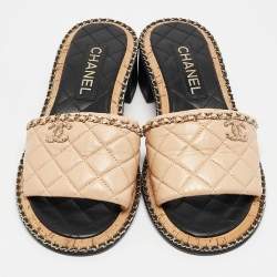 Chanel Beige Quilted Leather CC Chain Link Slide Sandals Size 39