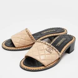 Chanel Beige Quilted Leather CC Chain Link Slide Sandals Size 39