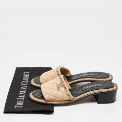 Chanel Beige Quilted Leather CC Chain Link Slide Sandals Size 39