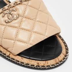Chanel Beige Quilted Leather CC Chain Link Slide Sandals Size 39