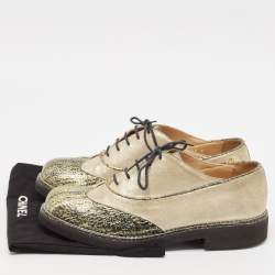 Pre Owned Chanel Beige/Green Suede and Texture Leather Oxfords Size 39