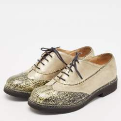 Pre Owned Chanel Beige/Green Suede and Texture Leather Oxfords Size 39