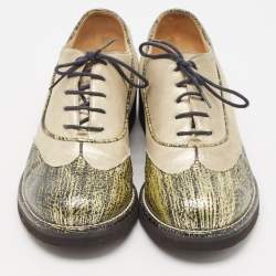 Pre Owned Chanel Beige/Green Suede and Texture Leather Oxfords Size 39