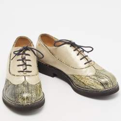 Pre Owned Chanel Beige/Green Suede and Texture Leather Oxfords Size 39