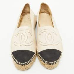 Chanel Off White/Black Leather and Canvas CC Cap Toe Espadrille Flats Size 38