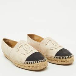 Chanel Off White/Black Leather and Canvas CC Cap Toe Espadrille Flats Size 38
