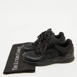 Pre Owned Chanel Black Mesh and Leather CC Low Top Sneakers Size 38.5