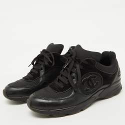 Pre Owned Chanel Black Mesh and Leather CC Low Top Sneakers Size 38.5