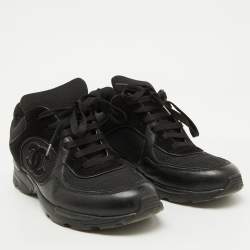Pre Owned Chanel Black Mesh and Leather CC Low Top Sneakers Size 38.5