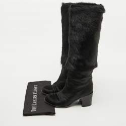 Chanel Black Calf Hair Block Heel Calf Length Boots Size 37