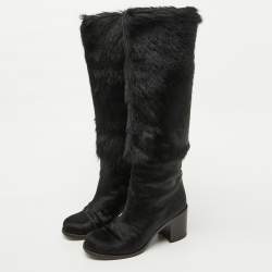 Chanel Black Calf Hair Block Heel Calf Length Boots Size 37