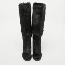 Chanel Black Calf Hair Block Heel Calf Length Boots Size 37